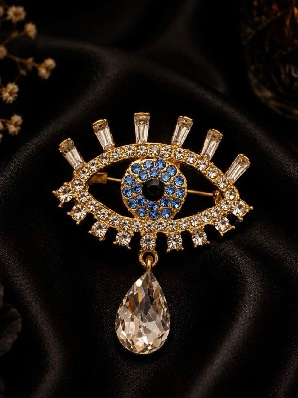Gold-Tone Blue Crystal Evil Eye Brooch with Teardrop Pendant - Picture 1 of 1